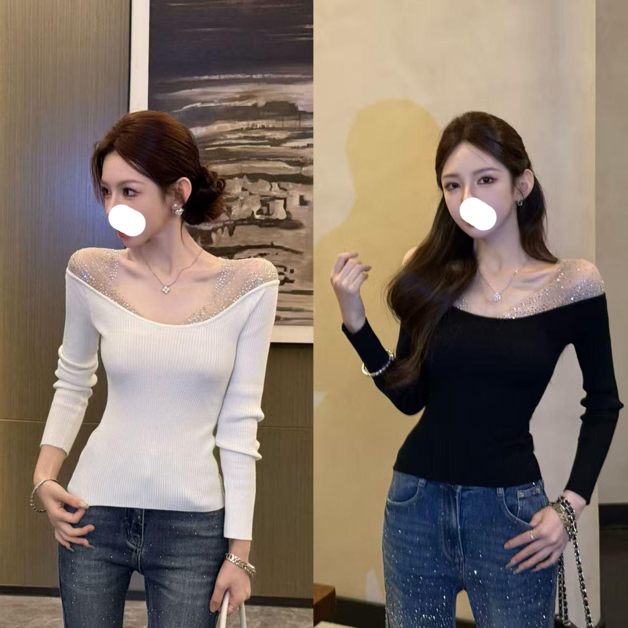 时尚极光梦境烫钻一字领针织衫女修身长袖毛衣显瘦气质温柔上衣