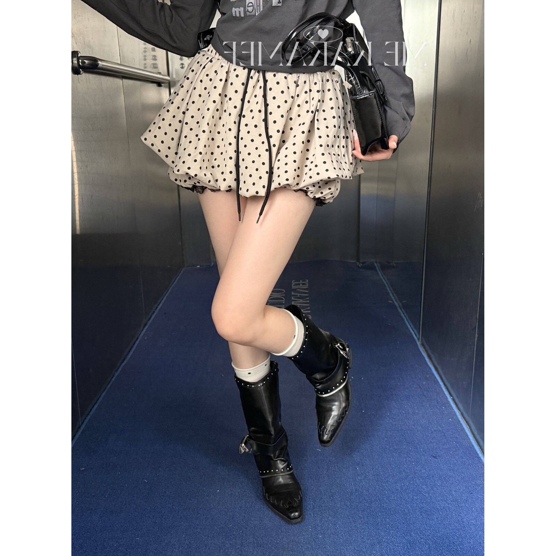 百搭款韩系波点a字花苞裙裤女抽绳蕾丝拼接设计感休闲短裤裙ins图片