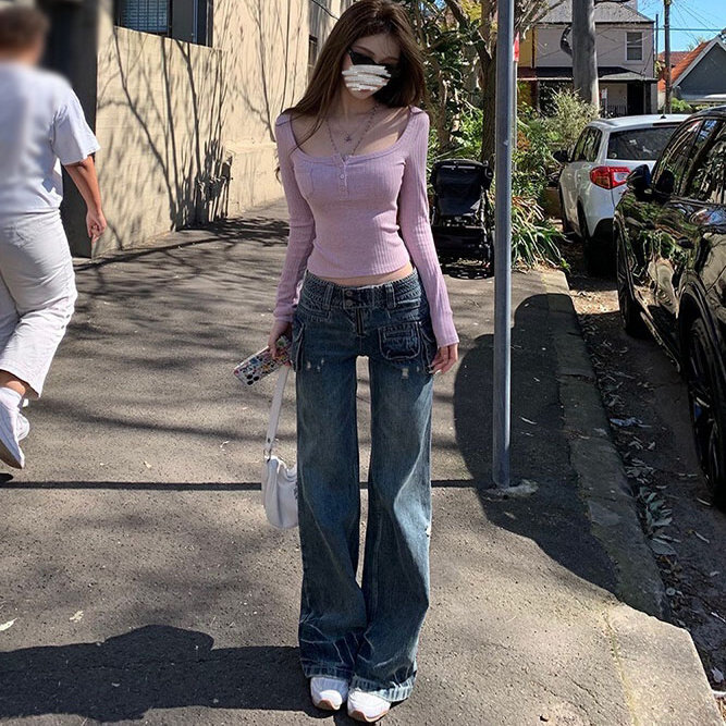拽姐很辣 美式多口袋重工低腰牛仔裤女设计感秋季工装裤子