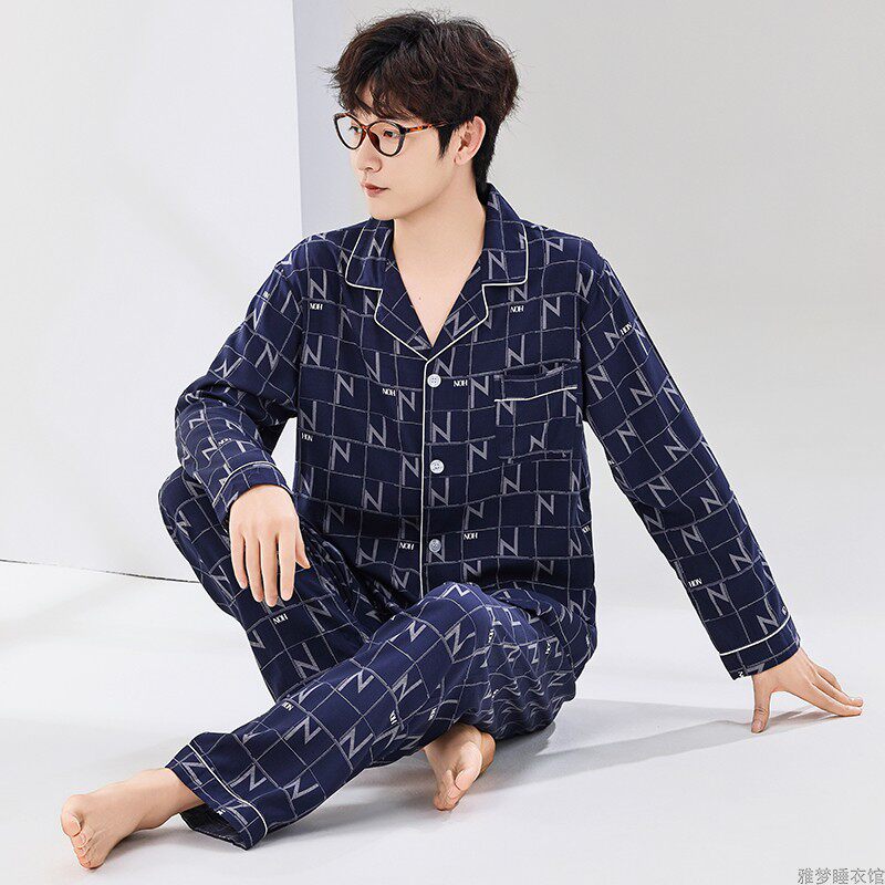 春秋薄款睡衣男长袖纯棉绸高档男装翻领时尚夏季可外穿家居服套装