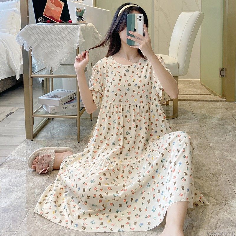 睡裙女夏可爱纯棉绸短袖中长款连衣裙2023年新款睡衣女夏款家居服