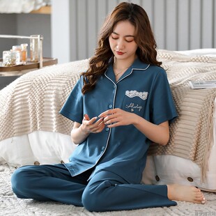 睡衣女春夏款纯棉短袖高级感韩版简约时尚可外穿宽松家居服套装秋