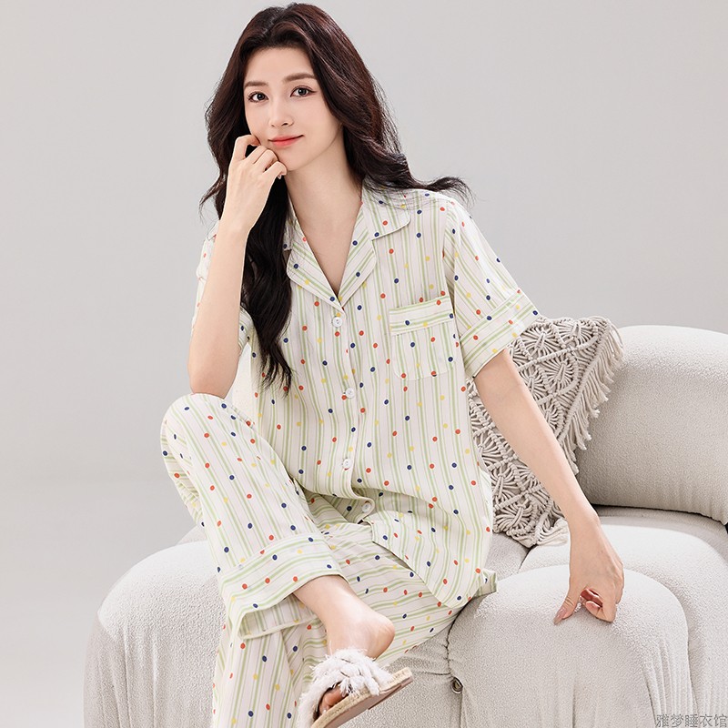 睡衣女夏纯棉绵绸韩版妈妈女装短袖长裤薄款开衫可外穿家居服套装