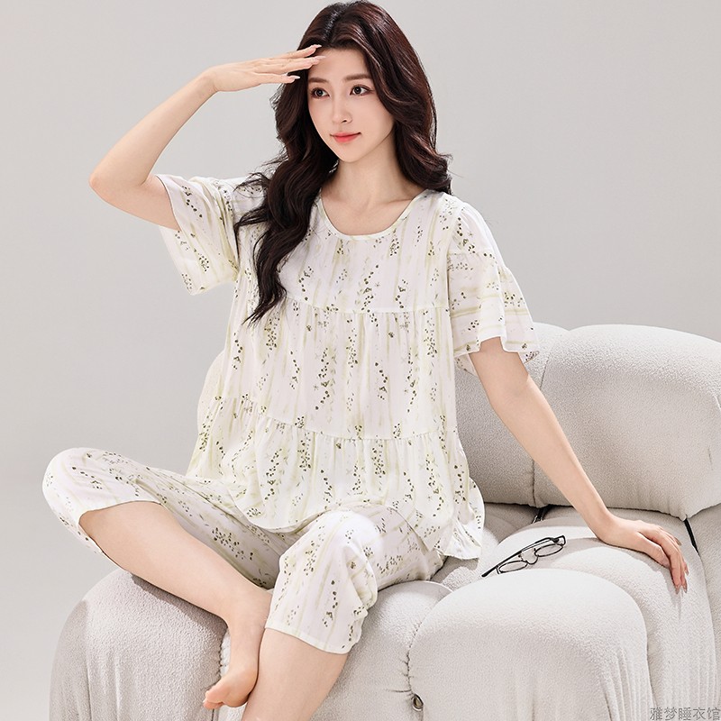 时尚睡衣女夏季纯棉绸短袖可爱女装可外穿薄款宽松休闲家居服套装