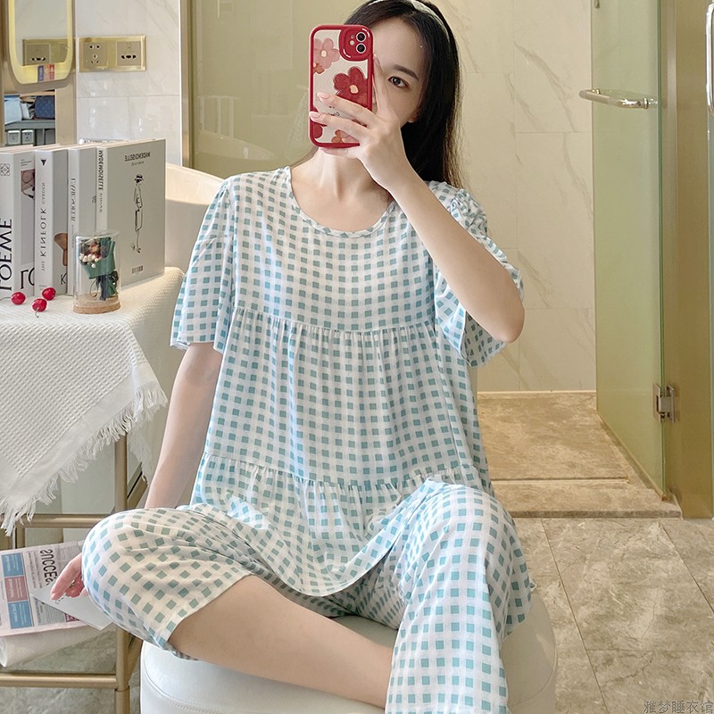 格子睡衣女夏季纯棉绸短袖韩版可爱女装可外穿薄款宽松家居服套装