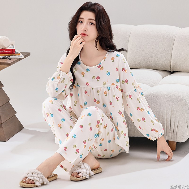 睡衣女夏季纯棉绵绸长袖休闲女装时尚薄款空调服可外穿家居服套装