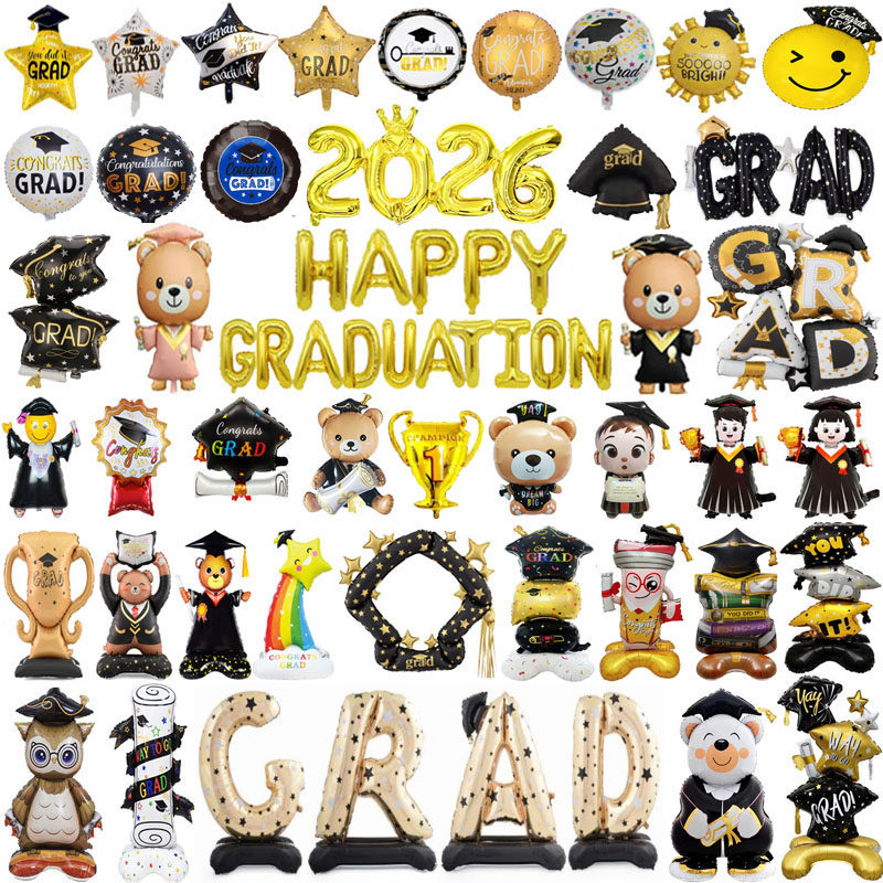 2026Happy Graduation毕业典礼气球装饰熊博士帽站立气球教室布置