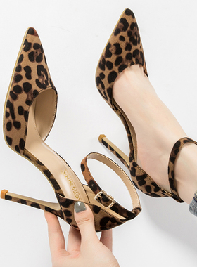 欧洲站2025新款豹纹高跟鞋女细跟尖头性感单鞋中空包头一字带凉鞋