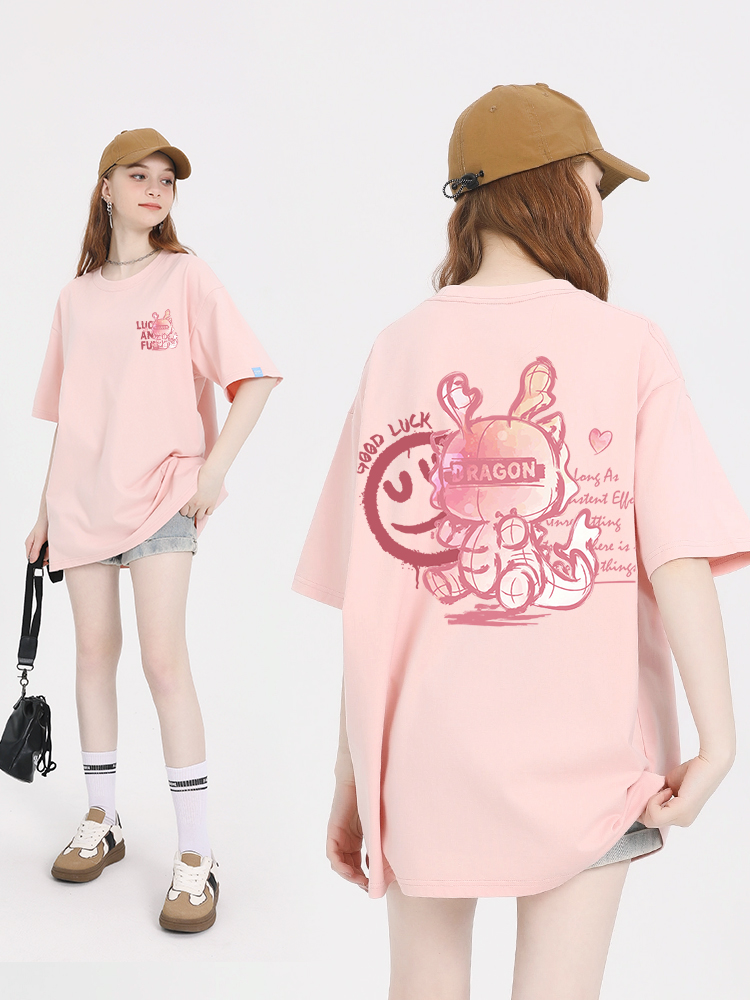 耐克顿粉色欧货休闲短袖T恤女2024新款设计感小众oversize大版上