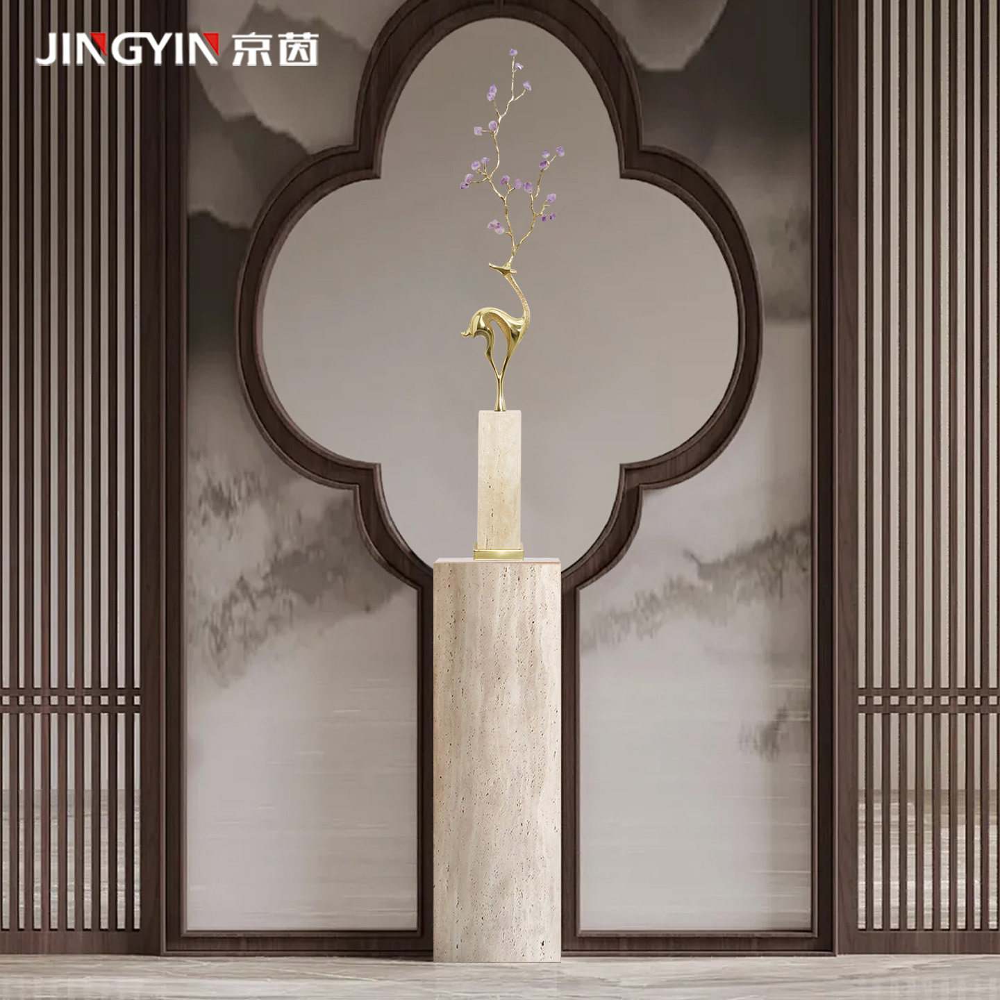 新中式玄关摆件客厅入户壁龛装饰品乔迁新居紫水晶梅花鹿落地摆件