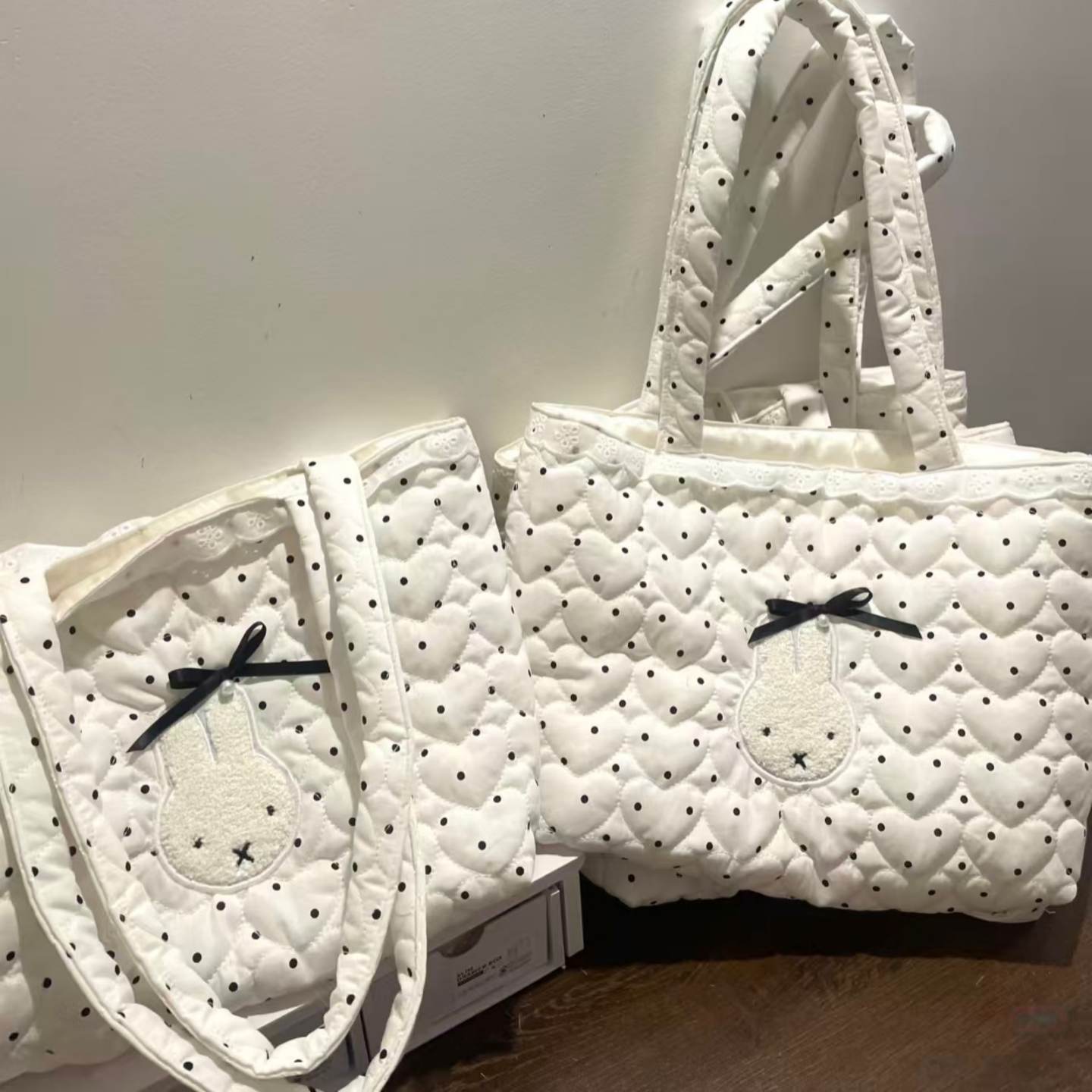 波点甜美可爱兔子蝴蝶结托特包