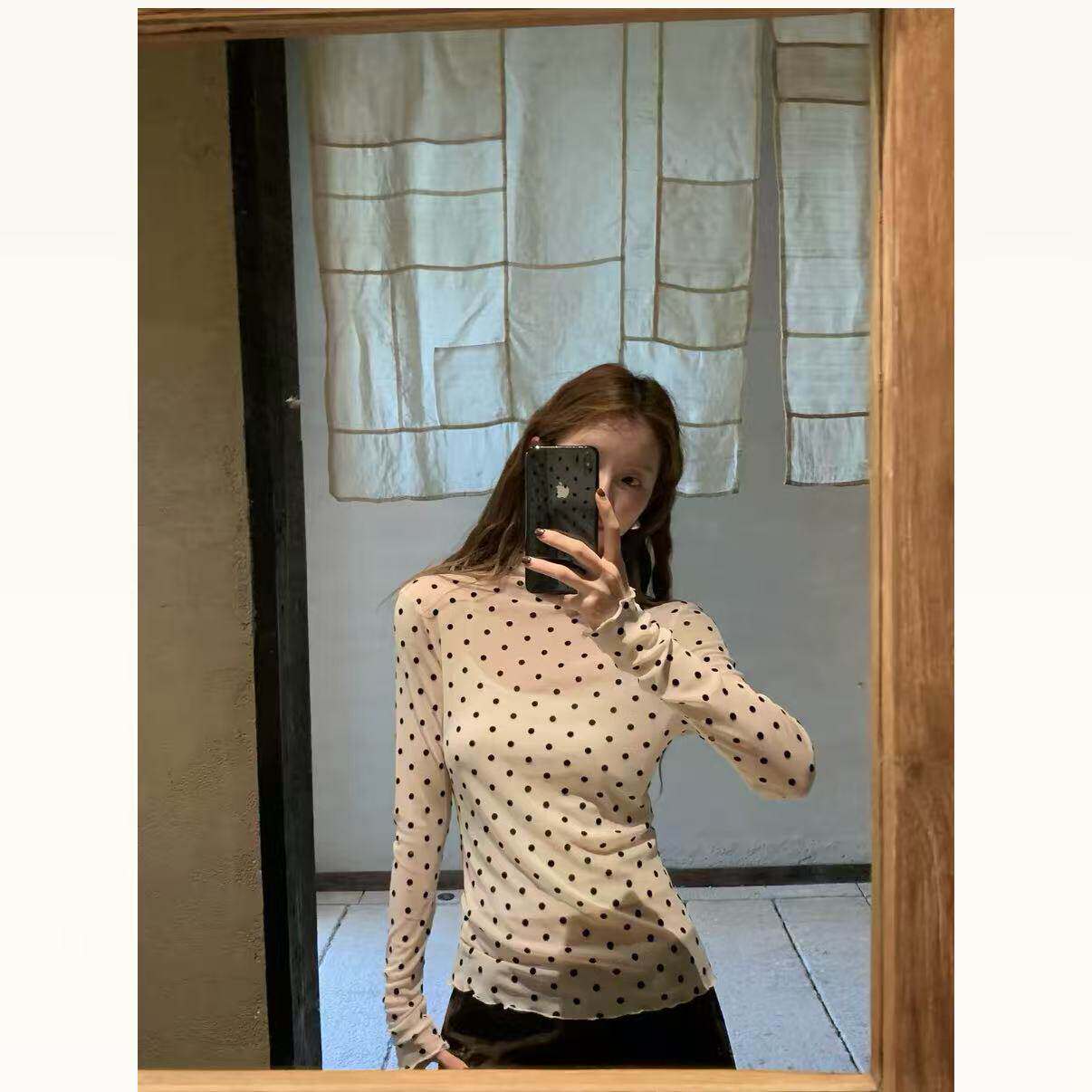 半高领波点网纱打底衫女春秋修身显瘦微透长袖内搭上衣上衣碎花