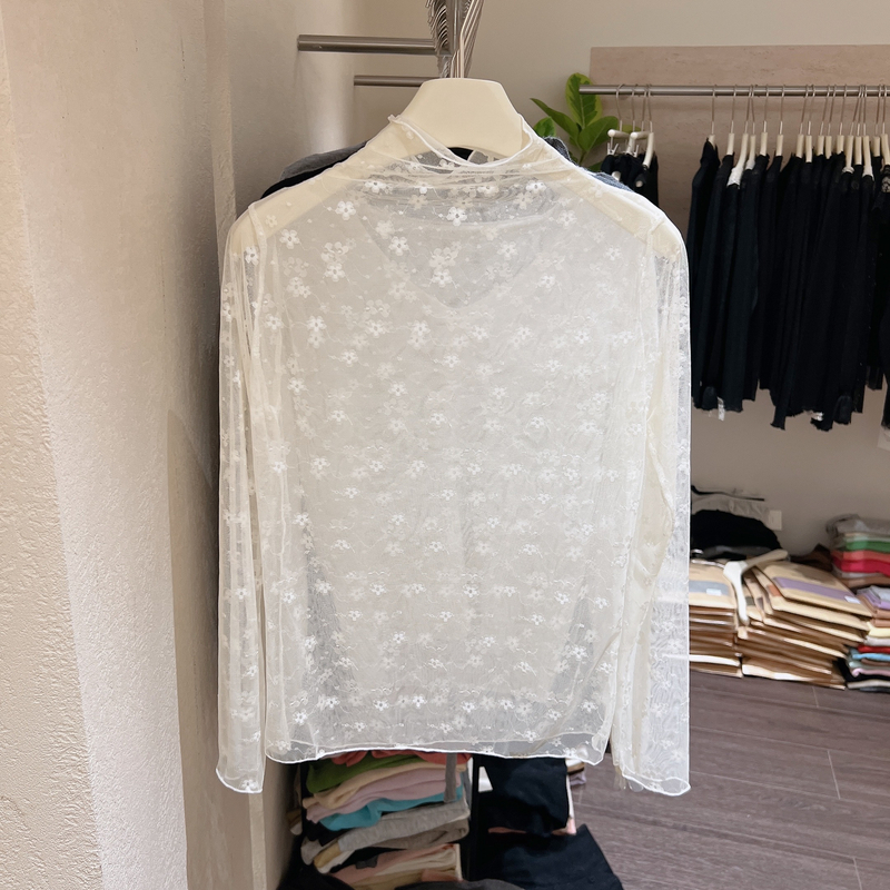 芭妮bonnet  韩系秋款甜美少女风网纱透视半高领百搭显瘦上衣8839