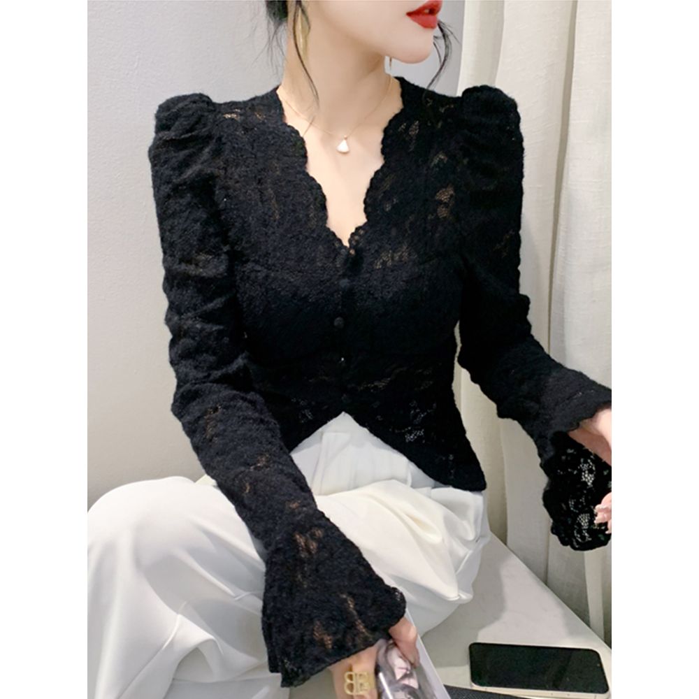设计感泡泡袖上衣女装内搭小衫性感V领蕾丝衫气质修身打底衫秋装
