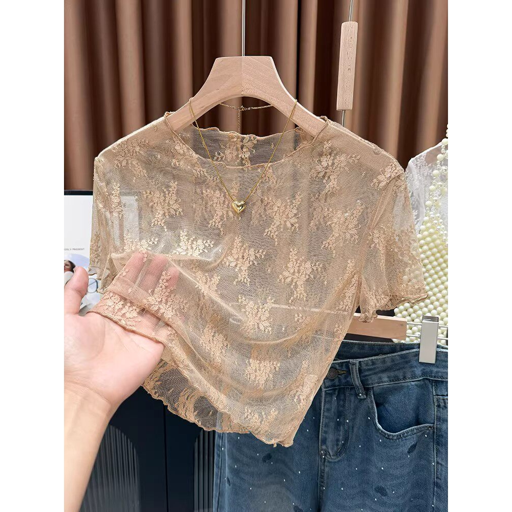 木耳边镂空蕾丝短袖T恤女吊带裙内搭防走光半件短款冰丝网纱上衣