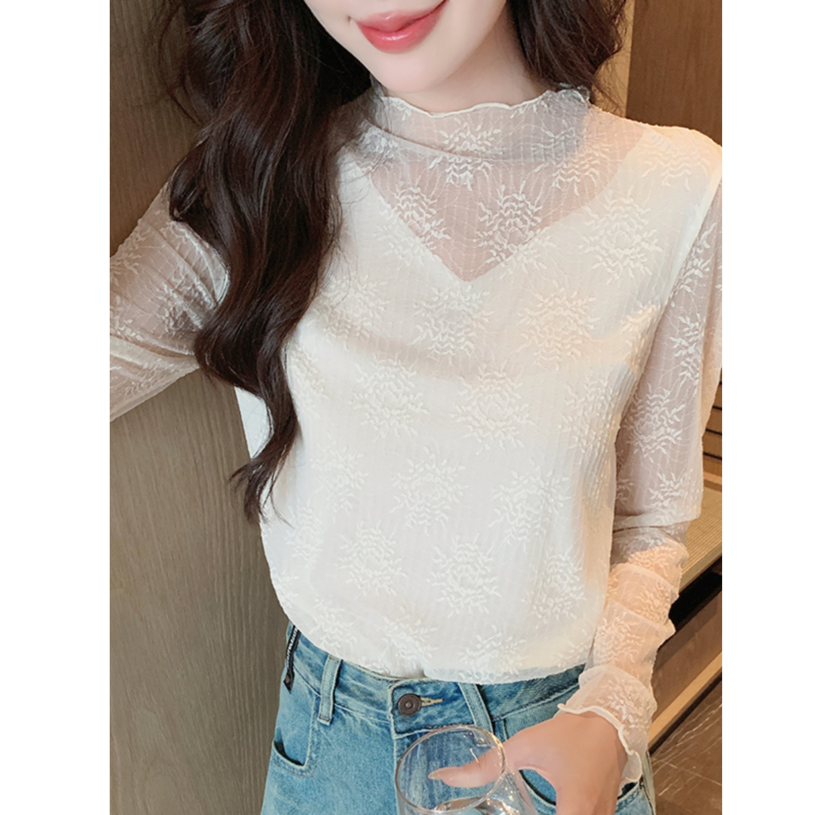 半高领蕾丝打底衫女2025新款春秋高级感时尚洋气皮草内搭网纱上衣