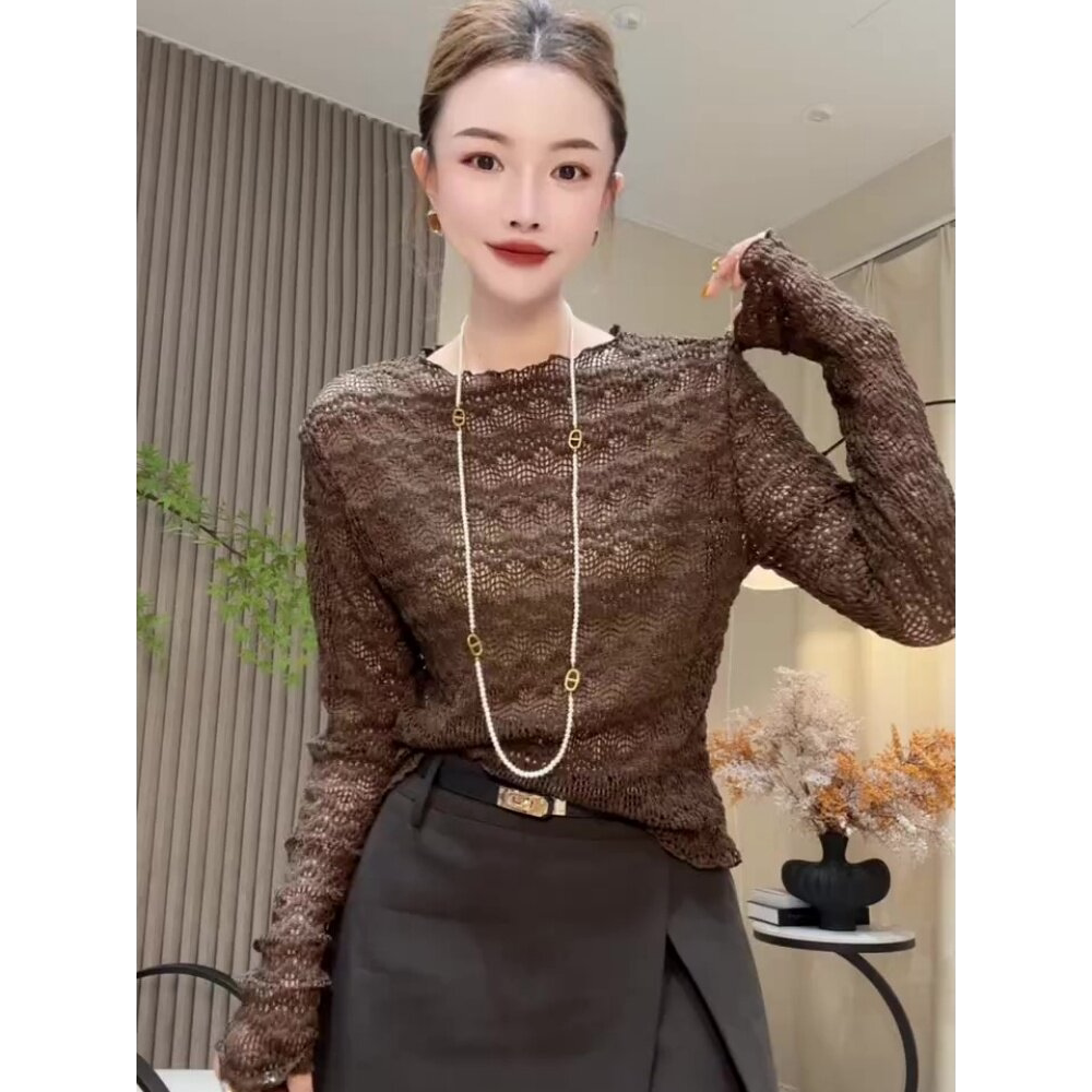 欧货洋气提花镂空长袖上衣女早秋修身气质温柔设计款花边打底衫