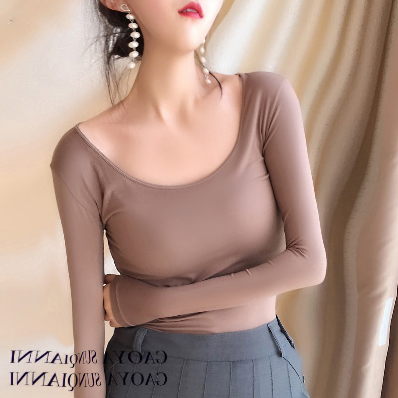 2022大领口简单内穿秋衣服莫代尔长袖贴身低领T恤衫女装打底单衣