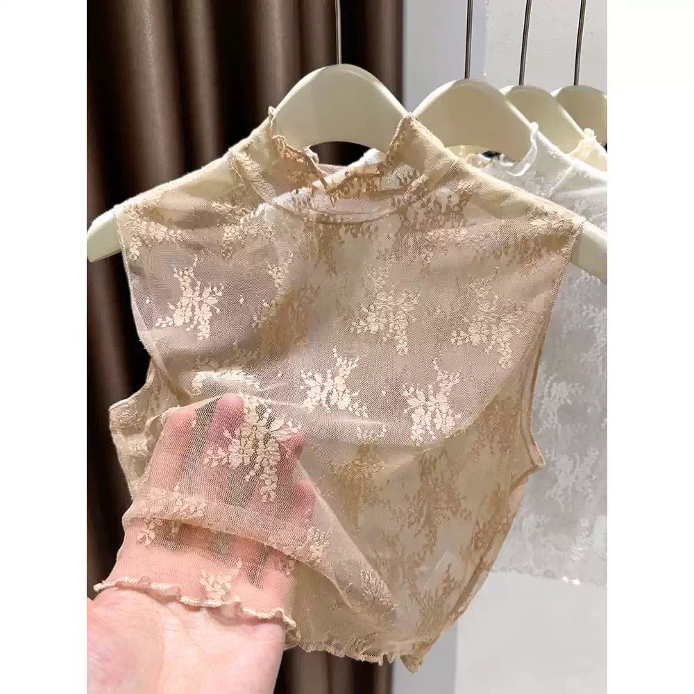 木耳边蕾丝假领子无袖背心女衬衫内搭叠穿神器半高领网纱打底上衣