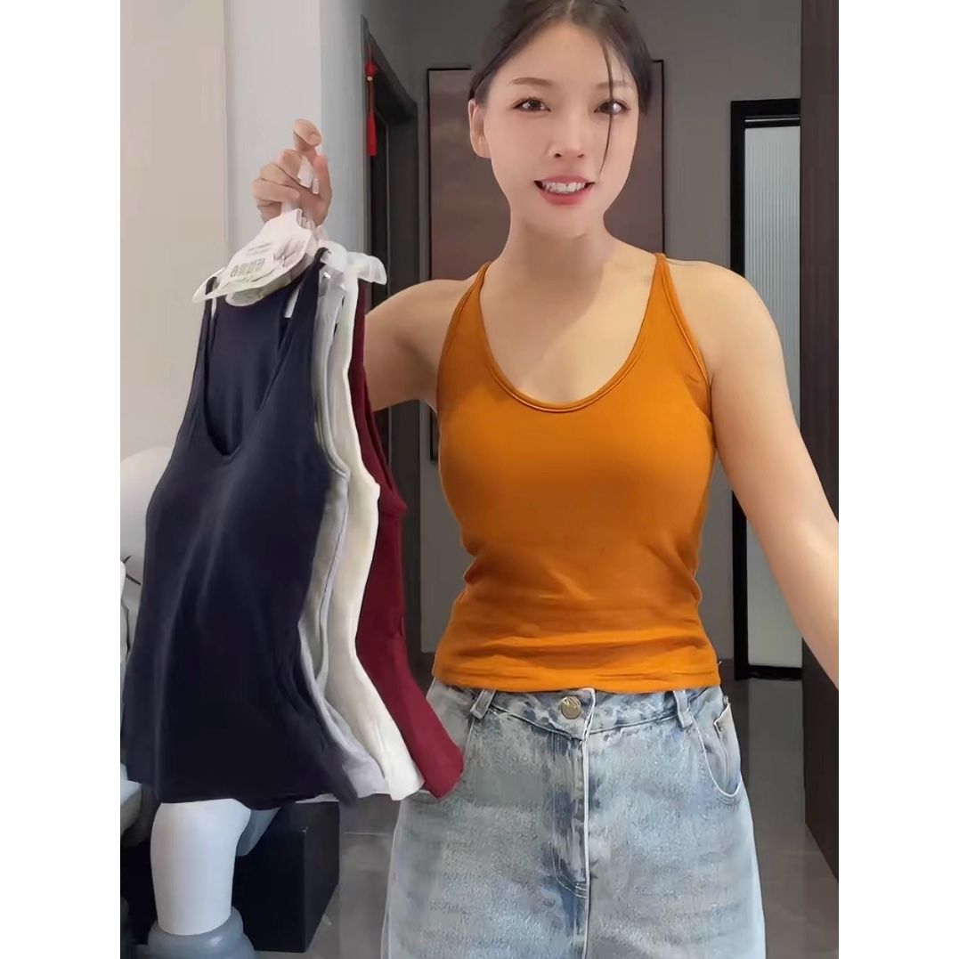 2025早秋新款女时尚工字形吊带内搭一体杯U领简约美背背心打底衫