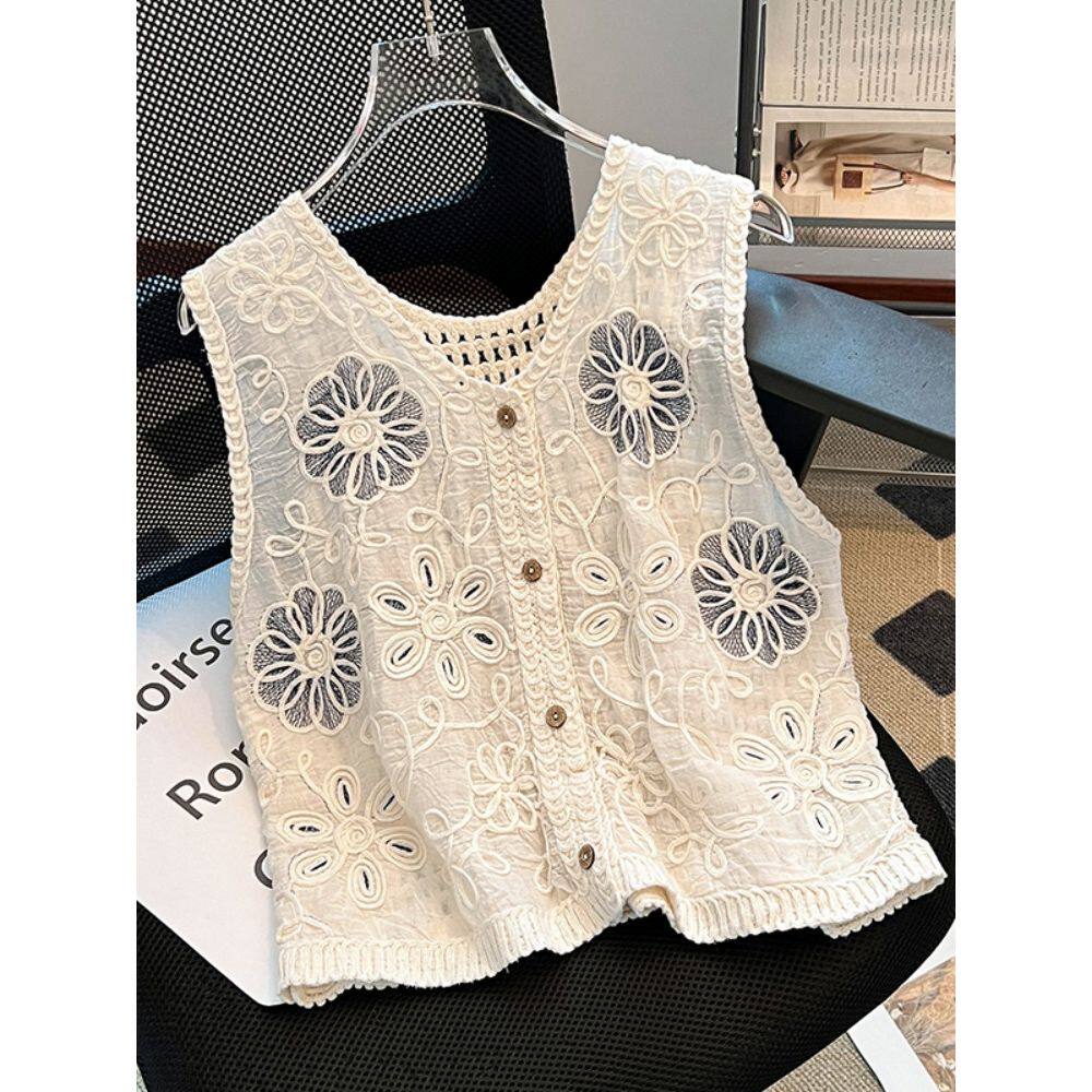 高端欧货设计感小众镂空刺绣v领无袖马甲背心女夏季薄款叠穿上衣
