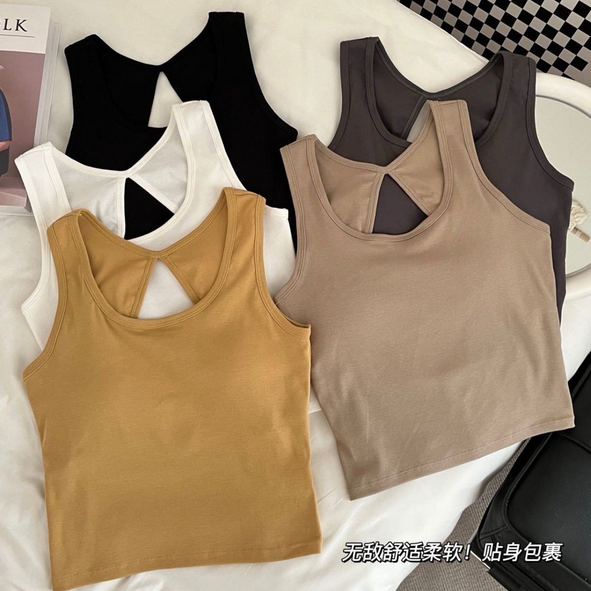 2024新款纯棉镂空露背宽肩背心免穿文胸性感辣妹小心机显瘦美背