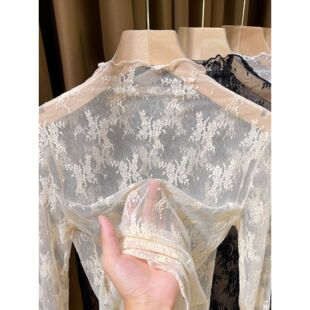 半高领蕾丝叠穿内搭小衫女秋冬2024新款透视网纱打底衫女长袖薄纱