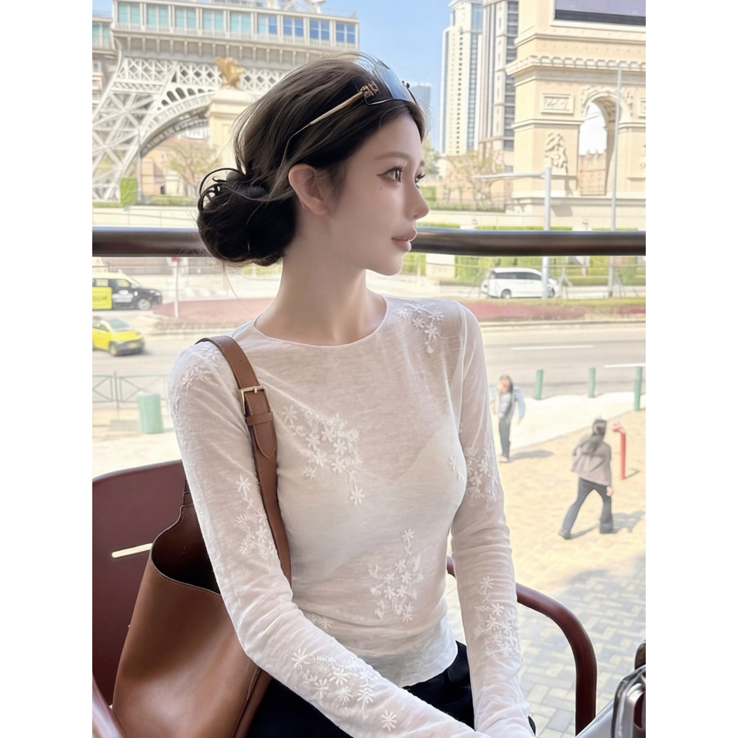 小个子白色微透长袖防晒罩衫t恤女夏季新款吊带外搭薄纱空调上衣