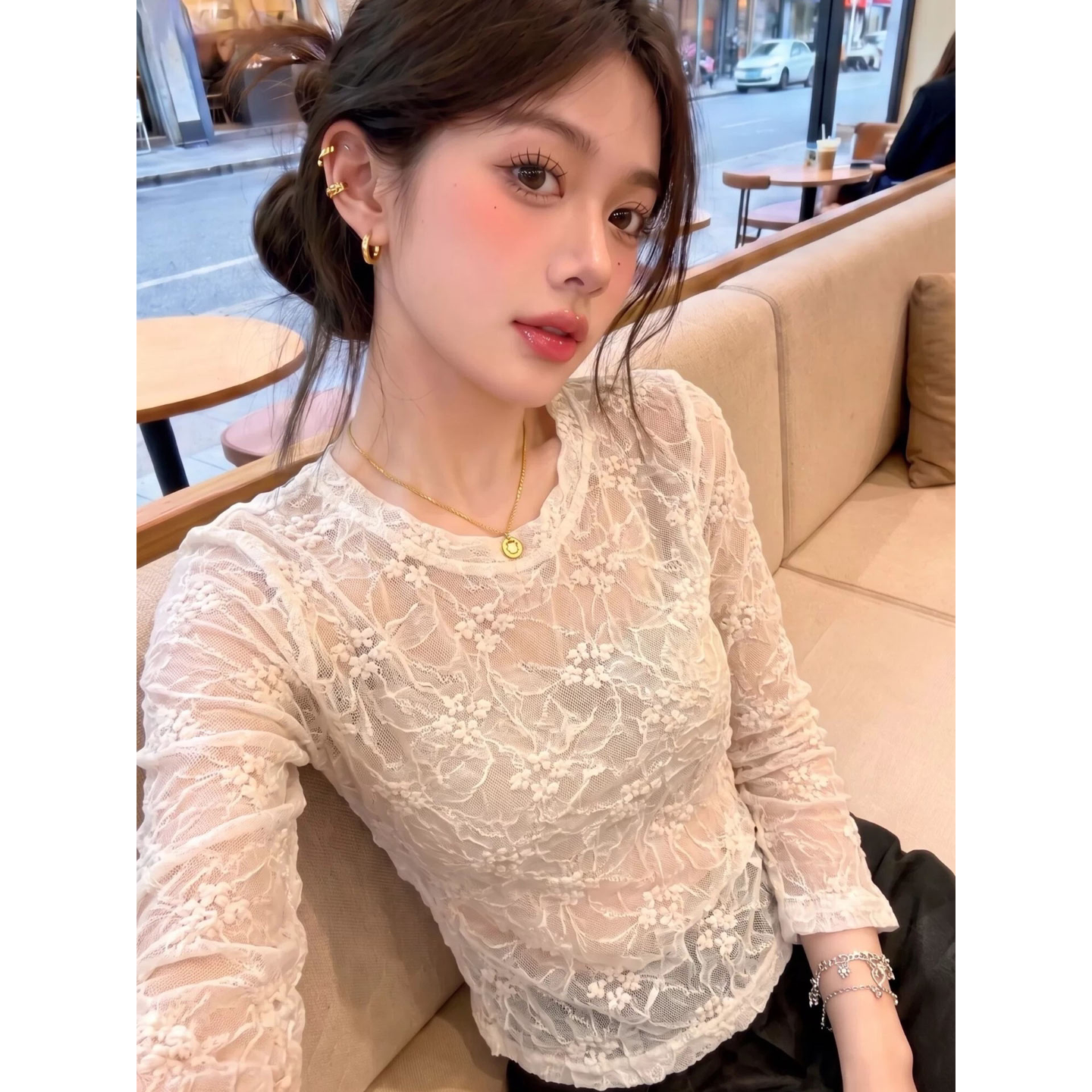 韩系钩花镂空花朵长袖蕾丝衫女秋冬季洋气百搭气质内搭打底衫上衣