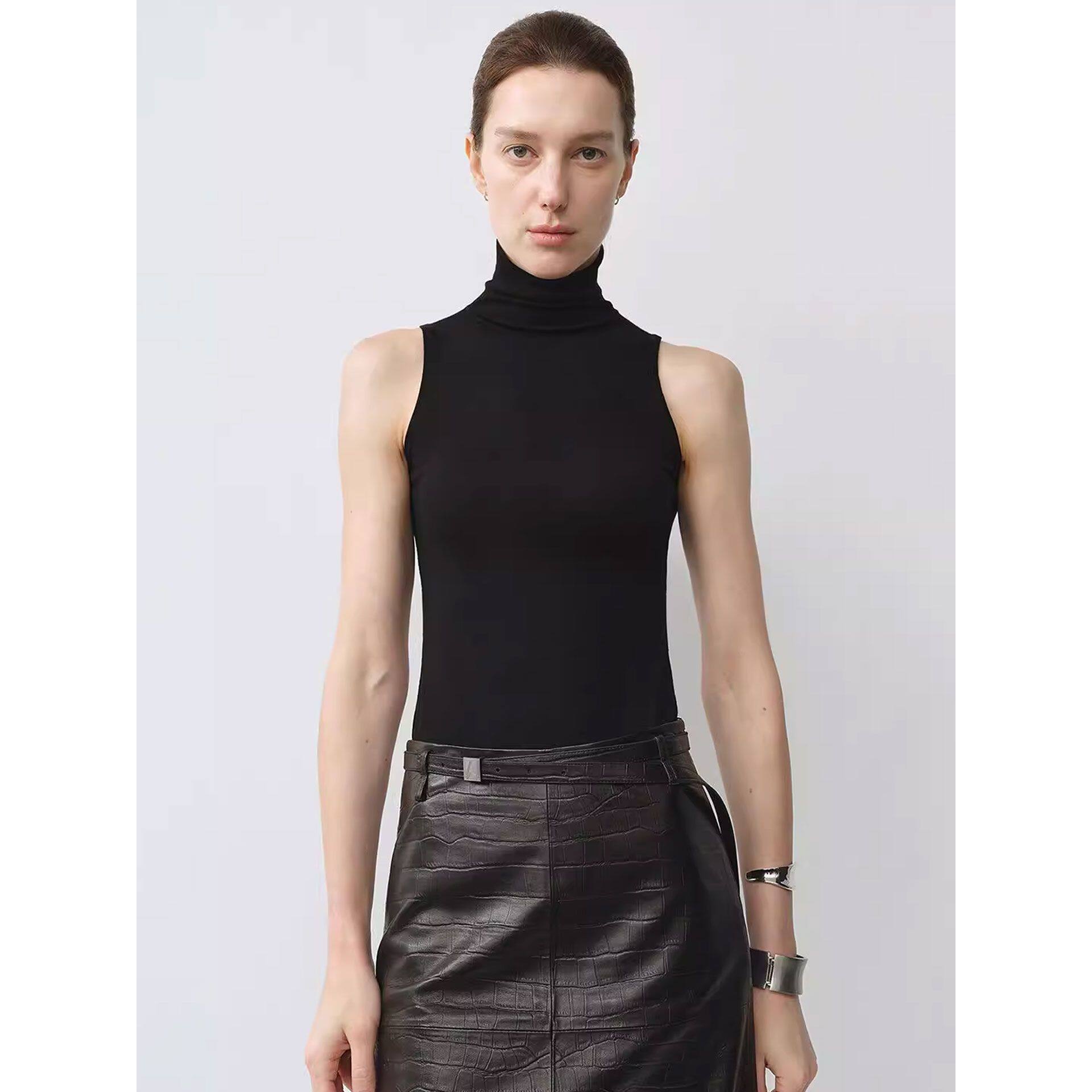 黑色高级感堆堆高领无袖背心针织打底女秋冬叠穿内搭坎肩修身上衣