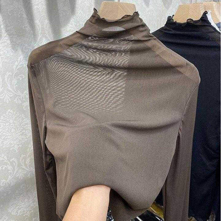 半高领蕾丝打底衫女秋冬毛衣内搭洋气小衫透明黑色木耳边网纱上衣