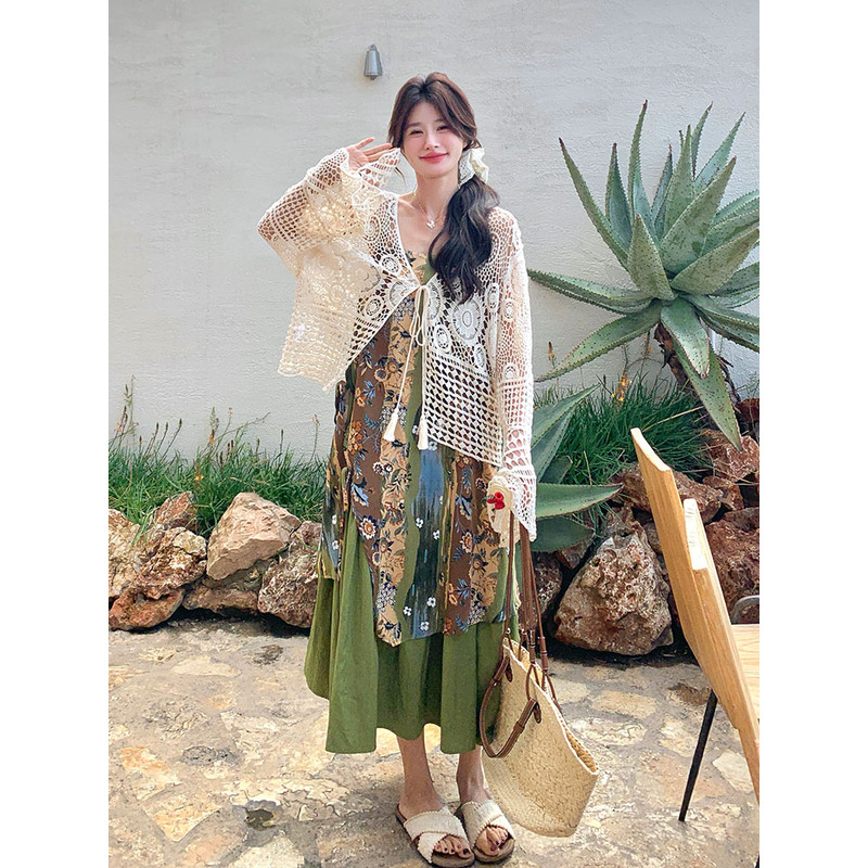 法式复古油画印花吊带连衣裙套装女2025夏季针织罩衫背心裙两件套