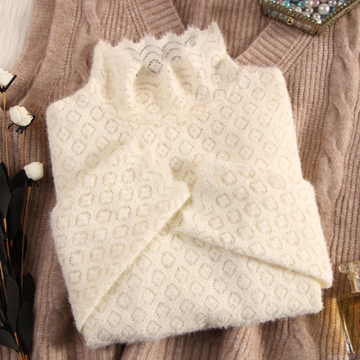 半高领蕾丝打底衫女2025秋冬新款配毛衣内搭加绒磨毛网纱上衣小衫