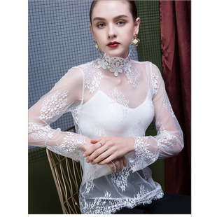 高级感打底衫女叠穿蕾丝花边透明内搭2025新款白色镂空网纱上衣