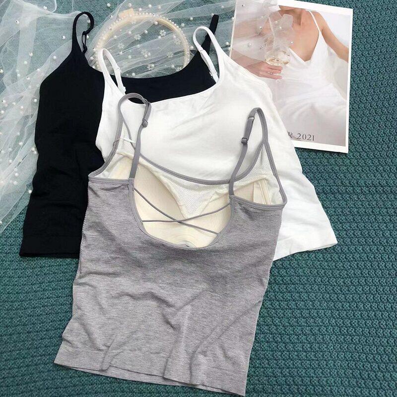 美背内衣吊带背心自带胸垫免穿文胸后背镂空内搭防走光中长打底女