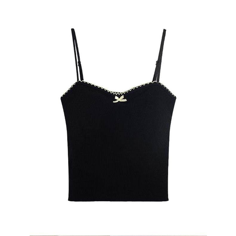 蝴蝶结黑色吊带背心女夏季外穿打底带胸垫美背内搭一字领抹胸上衣