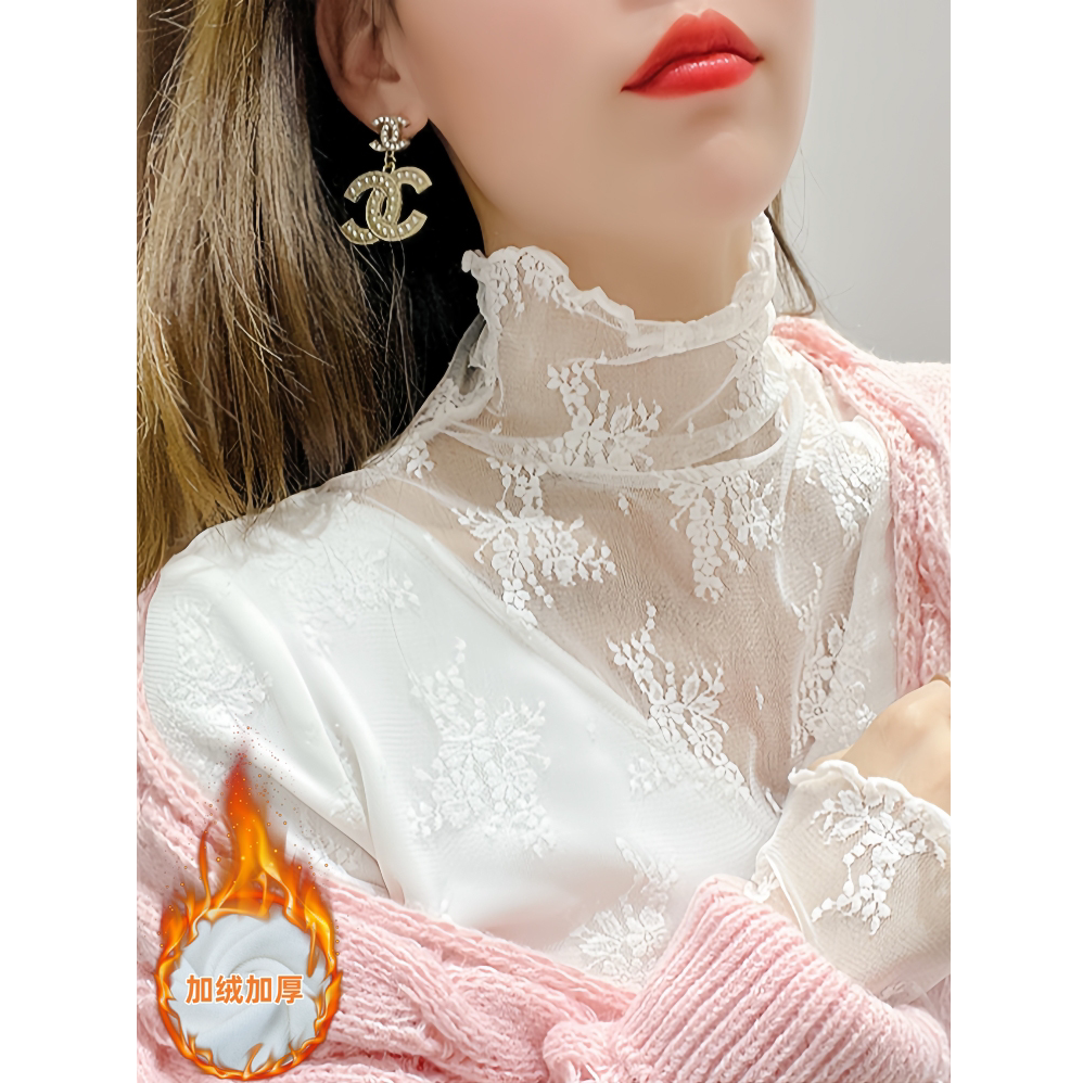 加绒加厚半高领蕾丝打底衫女秋冬修身时尚性感内搭网纱长袖上衣女