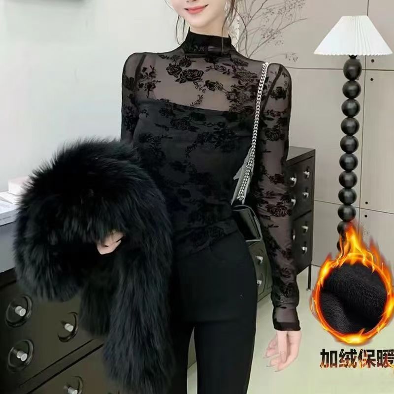 2024秋冬新款修身显瘦法式时髦辣妹半高领蕾丝性感透肤镂空设计打