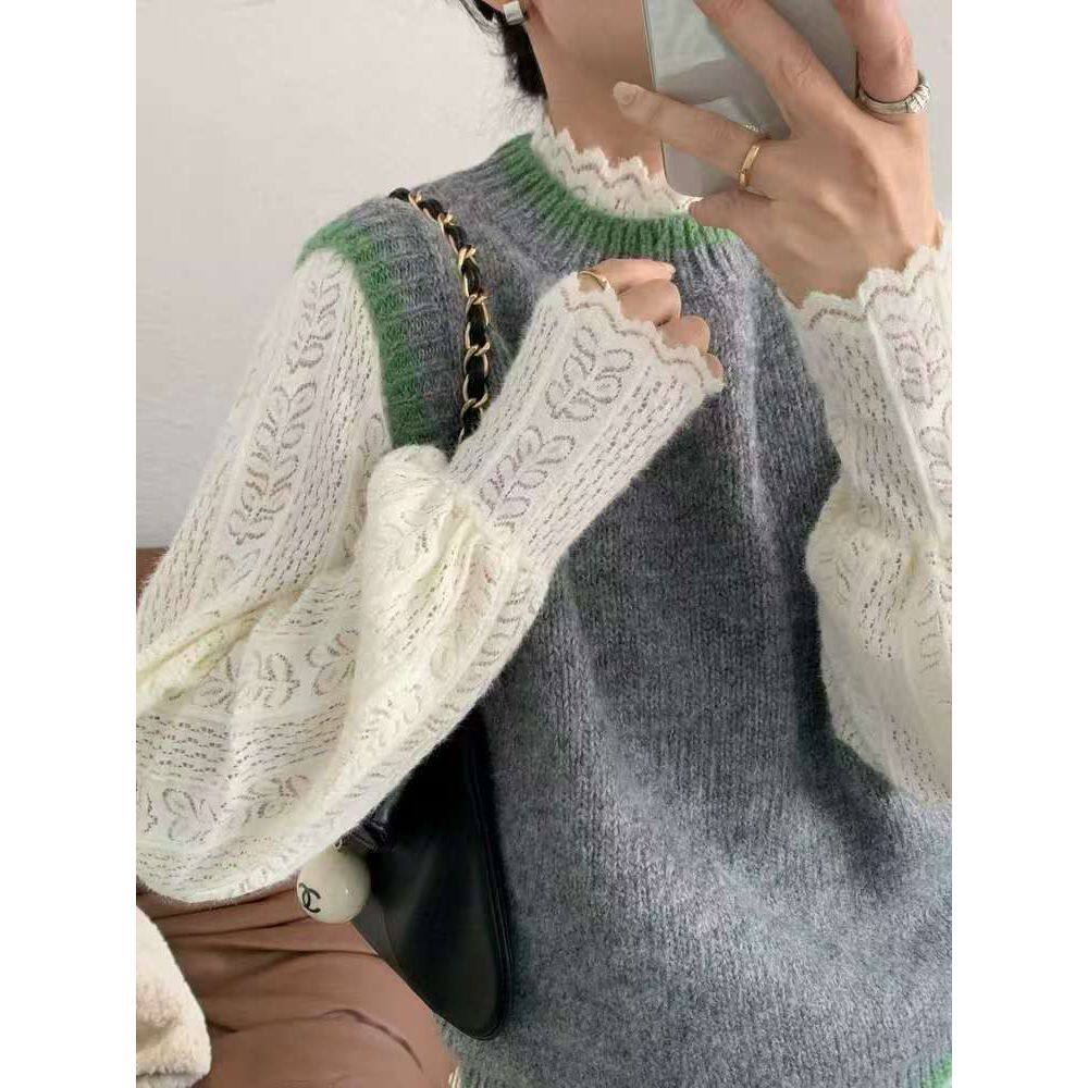 白色缕空蕾丝加绒打底小衫女秋冬半高领修身内搭叠穿长袖T恤上衣