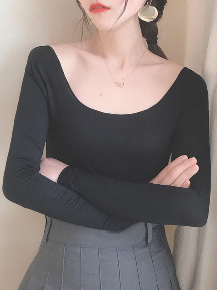 2022春秋莫代尔长袖打底衫女紧身薄款 低领圆领T恤 修身黑色内搭