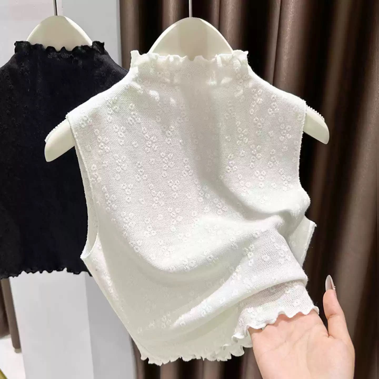 蕾丝假领子打底衫女早秋季半高领内搭叠穿背心无袖百搭木耳边上衣