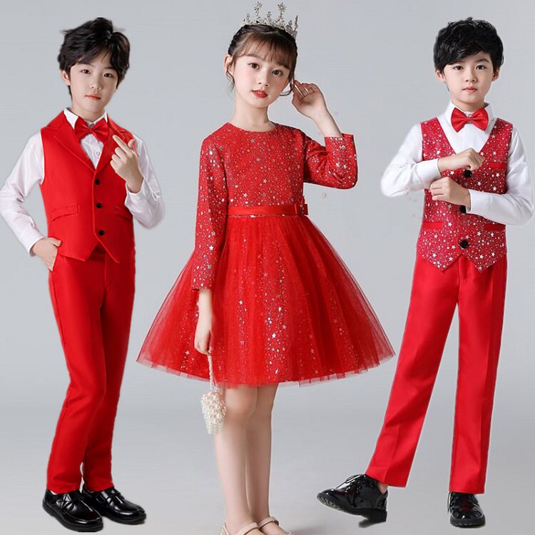 儿童合唱表演服男童马甲套装女长袖纱裙幼儿园小学生朗诵演出服冬