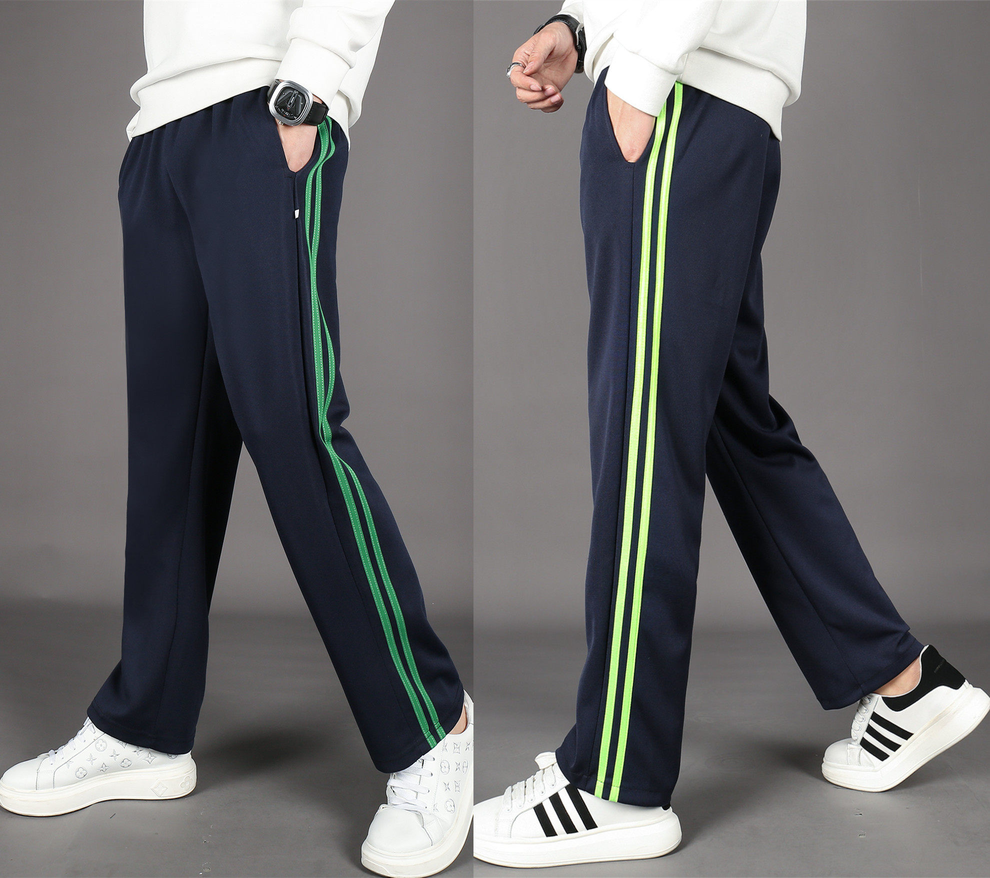 春夏薄款藏蓝浅绿校裤高中双杠