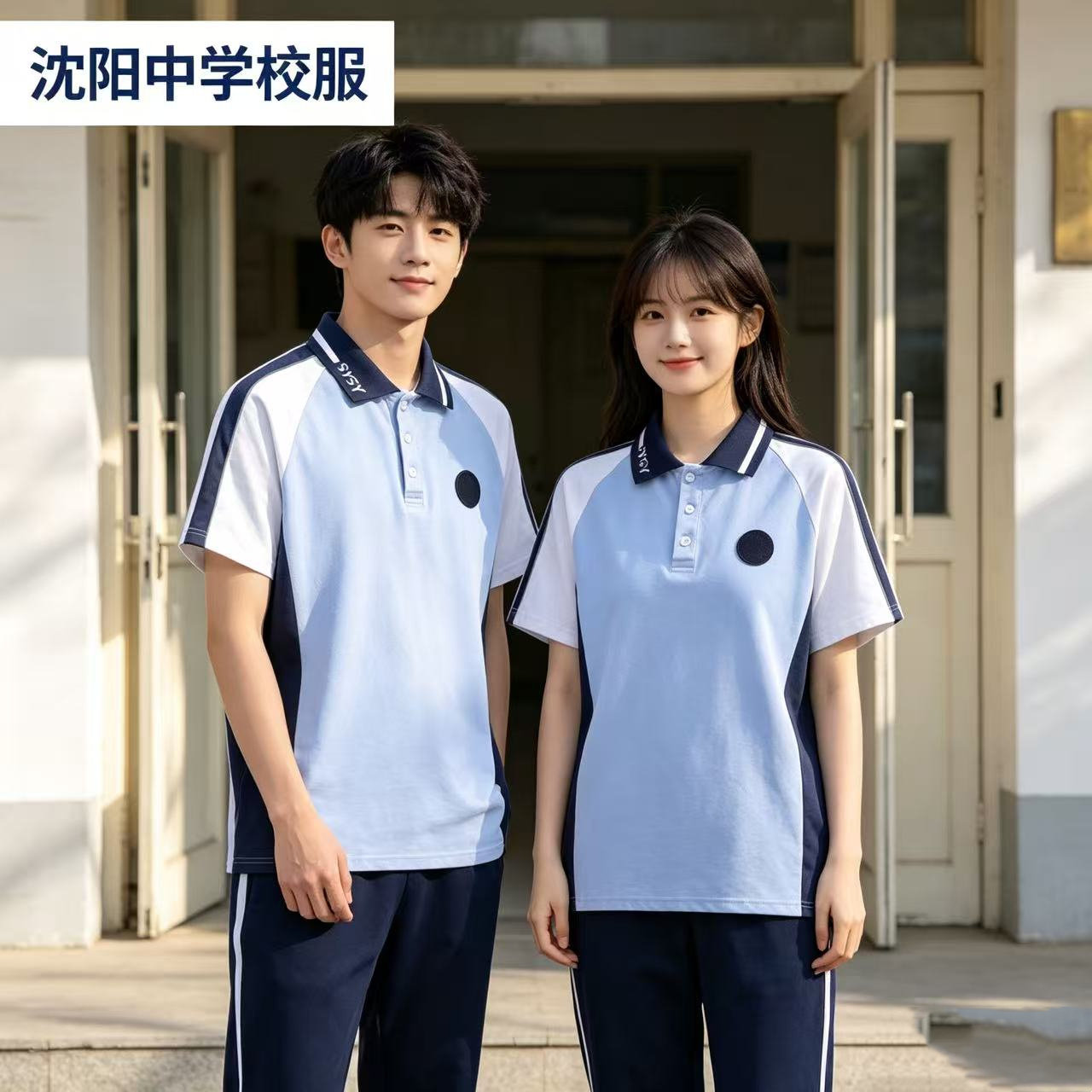 沈阳中学校服新款夏季短袖POLO衫男女学生统一校服蓝色