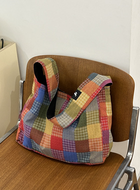 fourfourtwoone大容量新款百搭帆布包包彩色格子ins单肩包斜挎包