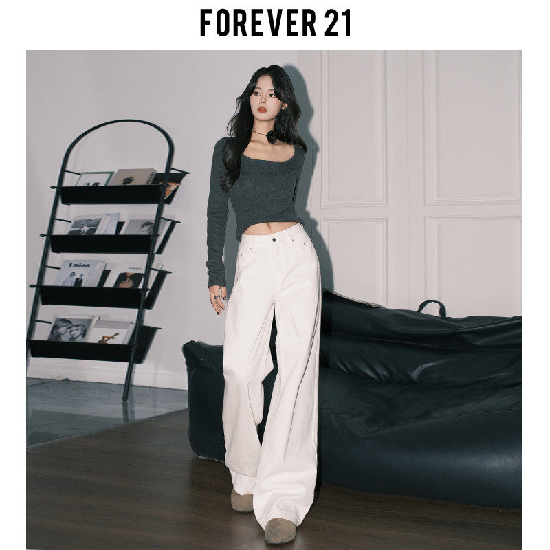 Forever 21美式白色垂感阔腿牛仔裤女春日百搭高腰宽松直筒拖地裤