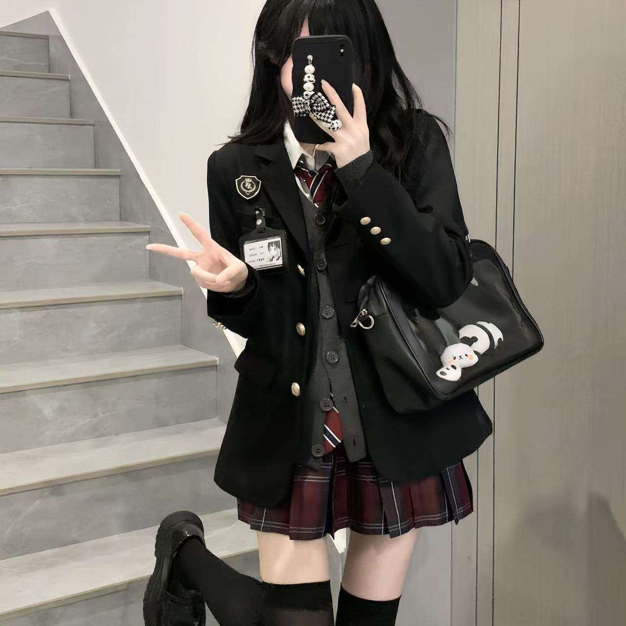 正版学院风JK西装外套 黑色三件套收腰女春秋款