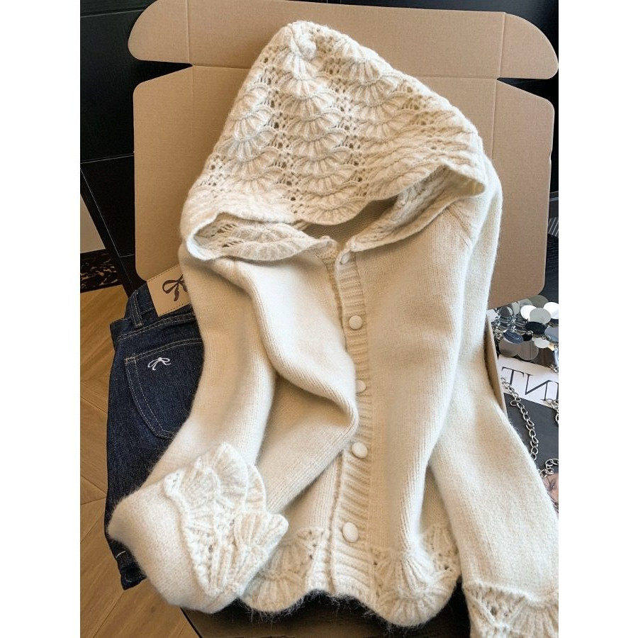 广州十三行女装~巨好看编织镂空连帽针织开衫~春秋冬宽松毛衣外套