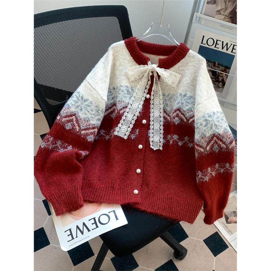 费尔岛覆古提花红色圣诞毛衣外套女设计感甜美蕾丝蝴蝶结针织开衫