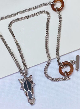 战马马头银色项链潮男配饰嘻哈秋冬吊坠毛衣链时尚个性天然牛角圈